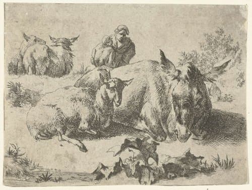 Herderin met ezel en drie schapen by Romeyn de Hooghe