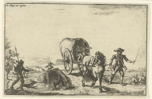 Landschap met huifkar over een brug by Romeyn de Hooghe