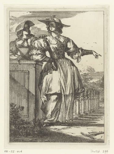 Figures à la mode, no. 8: twee vrouwen met zonnehoeden, staand bij een muurtje by Romeyn de Hooghe