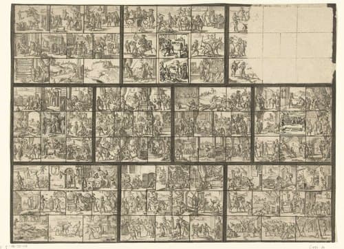Blad met tientallen kleine voorstellingen van juridische aard (illustraties voor 'Ars magna et admirabilis (...) Pandectarum tituli (...) ope figurarum emblematicarum'?) by Romeyn de Hooghe