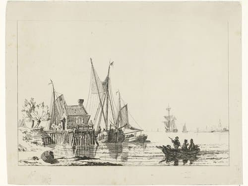 Riviergezicht met aangemeerde zeilschepen by Willem Gruyter jr.