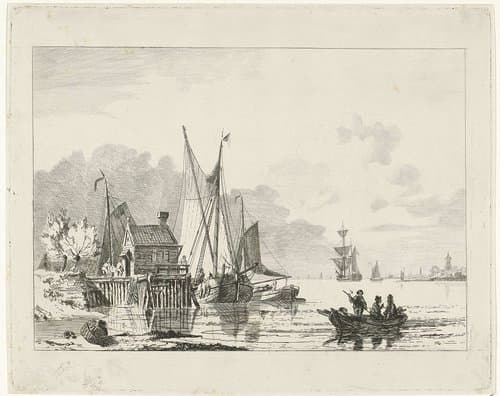 Riviergezicht met aangemeerde zeilschepen by Willem Gruyter jr.