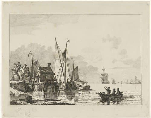 Riviergezicht met aangemeerde zeilschepen by Willem Gruyter jr.