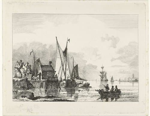 Riviergezicht met aangemeerde zeilschepen by Willem Gruyter jr.