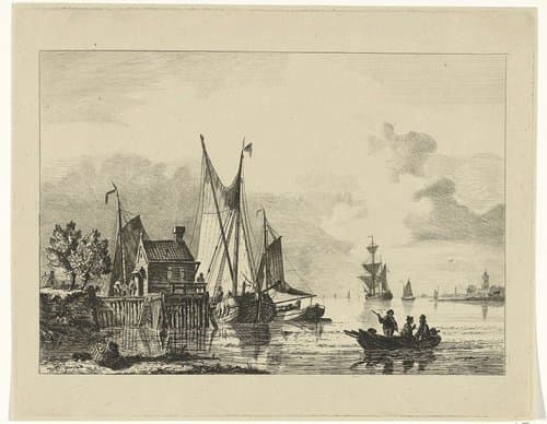 Riviergezicht met aangemeerde zeilschepen by Willem Gruyter jr.