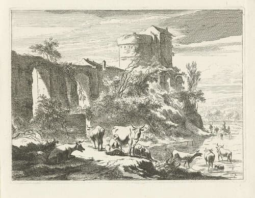 Landschap met ruïne en vee by Johannes Gronsveld