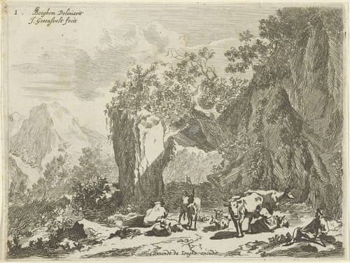 Berglandschap met herder, herderin en vee by Johannes Gronsveld
