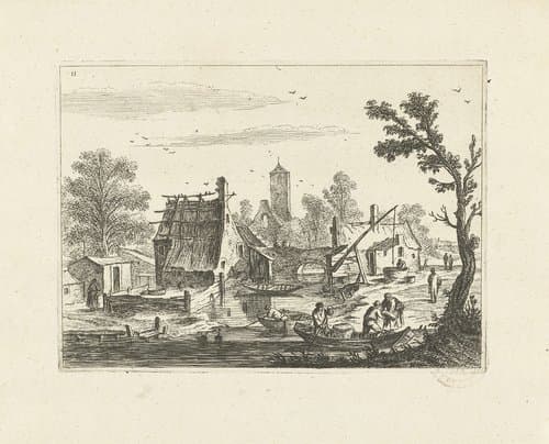 Landschap met dorp aan rivier by Johannes Gronsveld