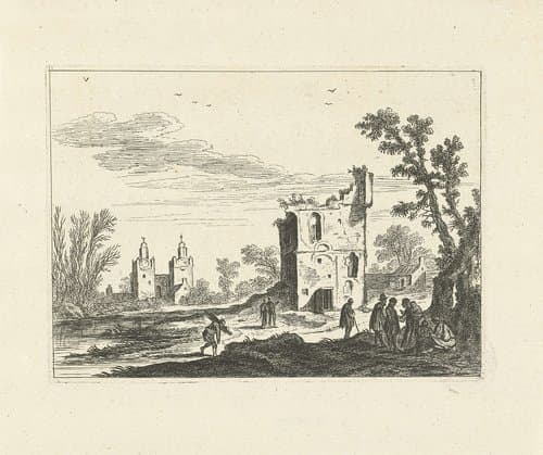 Landschap met ruïne en kerk by Johannes Gronsveld