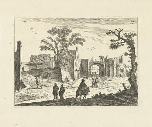 Landschap met stadspoort by Johannes Gronsveld