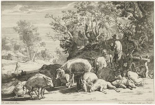 Varkenshoeder met kudde varkens by Johannes Gronsveld