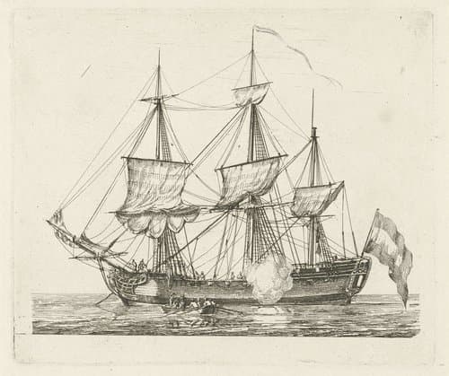 Driemaster met vlag en een roeiboot by Gerrit Groenewegen
