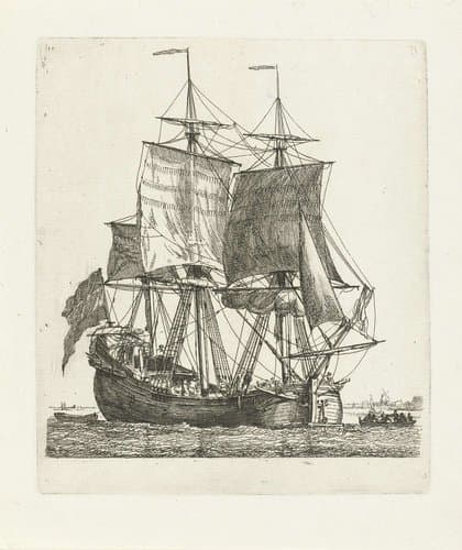 Driemaster met vlag en twee sloepen by Gerrit Groenewegen