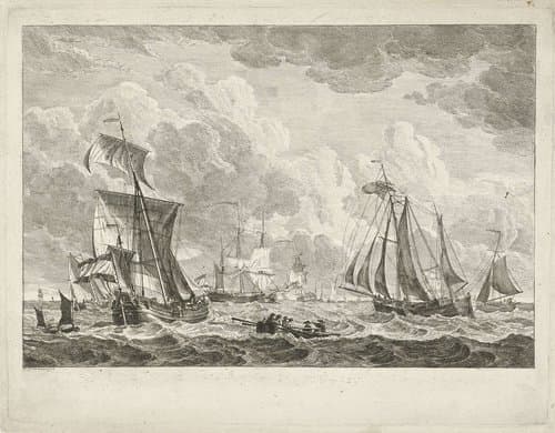 Diverse zeilschepen en een roeiboot by Gerrit Groenewegen