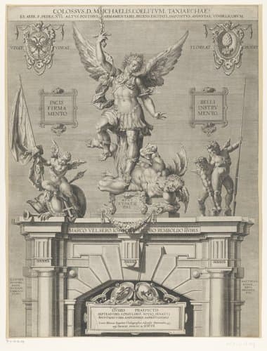 Sculptuur van de aartsengel Michaël boven de ingang van het arsenaal in Augsburg by Lucas Kilian