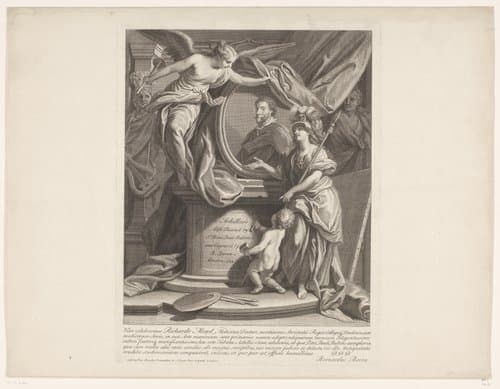Titelprent met portret van Peter Paul Rubens omringd door allegorische figuren by Bernard Baron