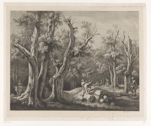 Boslandschap met figuren een dode boom omtrekkend by Jean Jacques de Boissieu