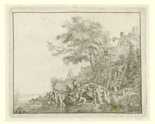 Mannen laden graanschoven in een boot by Simon de Vlieger