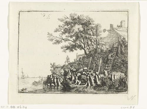 Mannen laden graanschoven in een boot by Jacob Folkema