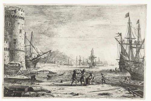 Havenpoort met een grote toren by Claude Lorrain
