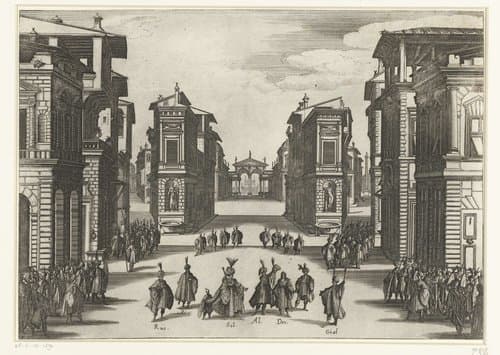 Illustratie bij de vierde acte van de tragedie 'Il Solimano' by Jacques Callot