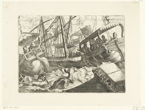 Margaretha van Oostenrijk met Filips III in een storm voor de kust van Barcelona by Jacques Callot