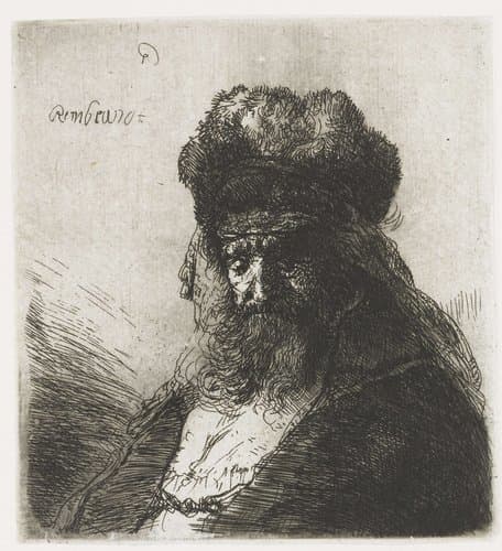 Bearded old man in a high fur cap by Rembrandt van Rijn