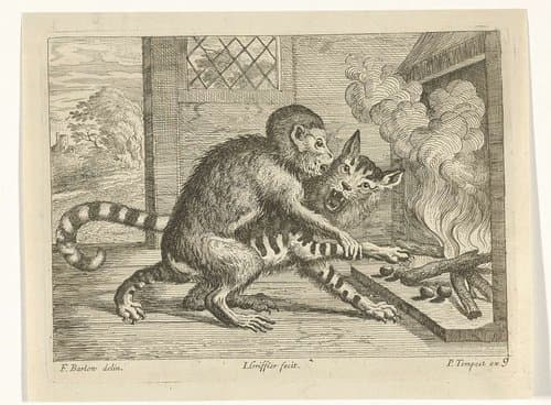 Aap en kat bij een haard by Jan Griffier (I)