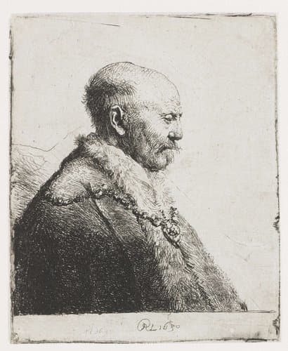 Bald headed man in profile right: the artist's father (?) by Rembrandt van Rijn