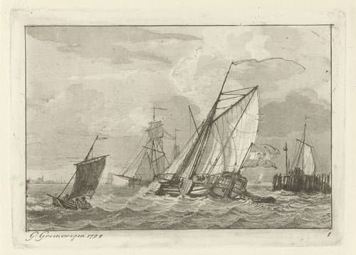 Schepen op ruig water by Gerrit Groenewegen