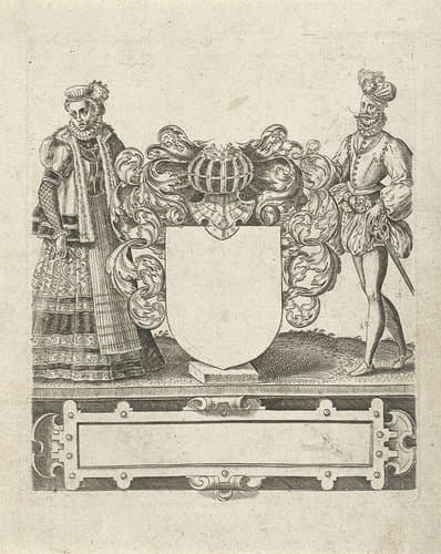Leeg wapenschild met man en vrouw als schildhouders by Abraham de Bruyn