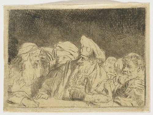 De Honderdguldenprent: figuren leunend op een muur by Rembrandt van Rijn