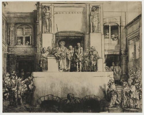 Christus aan het volk getoond: liggende plaat by Rembrandt van Rijn