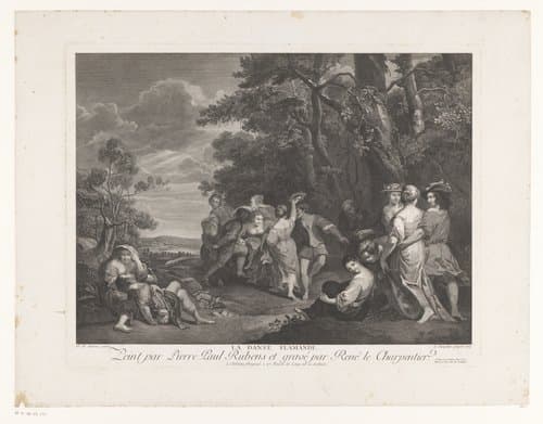 Dansende en feestende figuren in een landschap