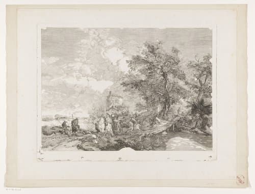 Jachtgezelschap in een landschap met brug by Jean Moyreau