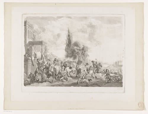 Verzamelend jachtgezelschap voor een huis by Jean Moyreau