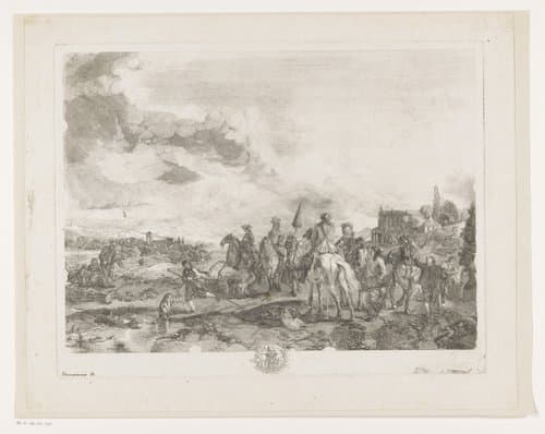 Rustend jachtgezelschap in een landschap by Jean Moyreau
