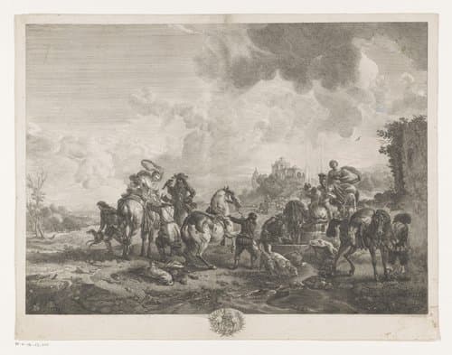 Rustend jachtgezelschap bij een fontein by Jean Moyreau