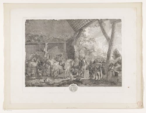 Jachtgezelschap, vertrekkend uit een stal by Jean Moyreau