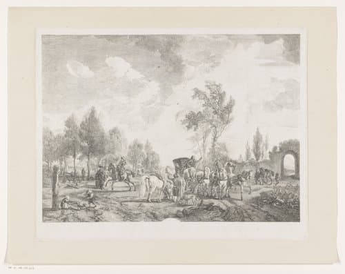 Ruiters en een koets met zes paarden in een landschap by Jean Moyreau