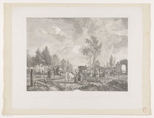 Ruiters en een koets met zes paarden in een landschap by Jean Moyreau