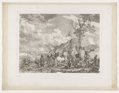 Soldaten en overige figuren voor een legertent maken zich klaar voor vertrek by Jean Moyreau