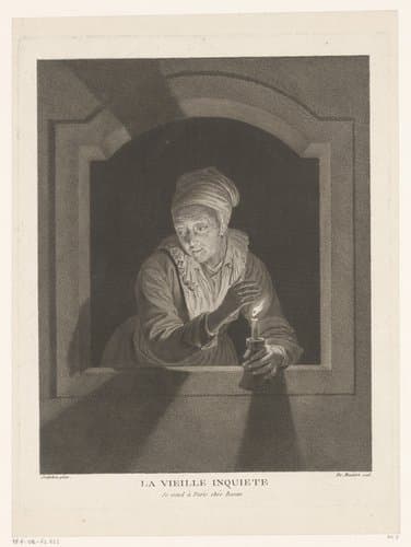 Oude vrouw met kaars in een venster by Demautort