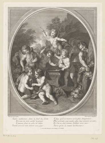 Putti smeden pijlen terwijl een sater hen bespiedt by Louis Desplaces