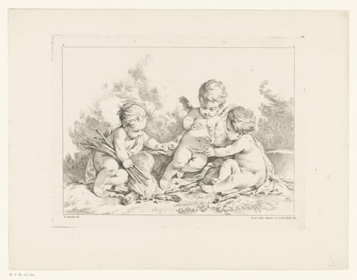Drie amors zich warmend bij vuur by Louis Félix de La Rue (le Jeune)