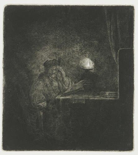Student at a table by candlelight by anonymous