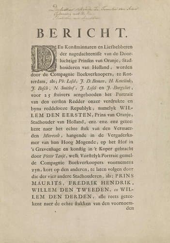 Bericht bij de uitgave van zes portretten van stadhouders en vorsten by Societ. Bibliopol. Rotterod.