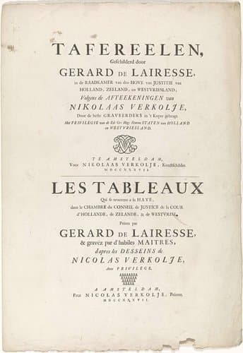 Tekstblad met de titel van een prentserie naar de schilderijen van Gerard de Lairesse in de Raadkamer van het hof van justitie te Den Haag by Nicolaas Verkolje