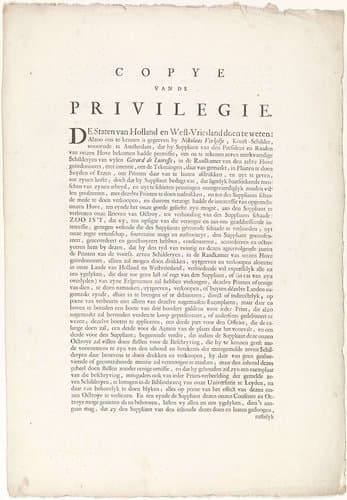 Tekstblad met een kopie van het privilege voor het tekenen en uitgeven van een prentserie naar schilderijen van Gerard de Lairesse by Jacob Godefroy des H.R.R. van den Boetzelaer