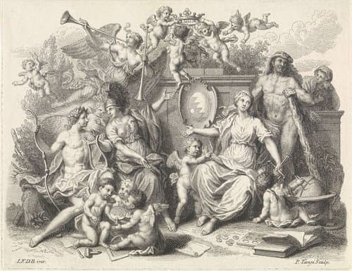 Apollo, Minerva, Rechtvaardigheid en Hercules rond een wapenschild by Pieter Tanjé